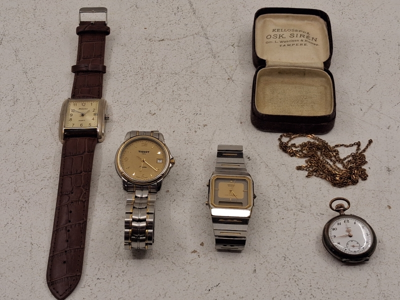 3kpl rannekelloja + hopeinen taskukello, Tissot, Seiko, Milano ja Eden